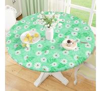 misaya Round Fitted Tablecloth with Elastic Edge, 100% Waterproof Oil Proof Plastic Table Cover, Vinyl Flannel Backed Tablecloth Fits 36"-44" Round Tables for Dinner, Outdoor, Picnic, Green Daisy
