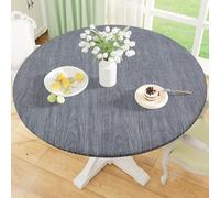 misaya Round Fitted Tablecloth with Elastic Edge, 100% Waterproof Oil Proof Plastic Table Cover, Vinyl Flannel Backed Tablecloth Fits 45"-56" Round Tables for Dinner, Outdoor, Picnic, Wood Grey