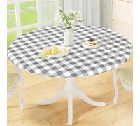 misaya Round Fitted Tablecloth with Elastic Edge, Buffalo Plaid Waterproof Vinyl Flannel Backed Table Cloth Cover Fits 57"-66" Round Tables for Dinner, Outdoor, Picnic, Grey White Check