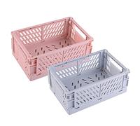 Misazy Storage Basket 2 Pcs Collapsible Crate, Folding Storage Box, Pink and Blue Plastic Crates for Cosmetics, Stationery and Desk Accessories