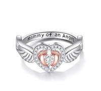 Miscarriage Ring Sterling Silver Mommy of an Angel Ring Angel Wing Heart Footprint Memorial Jewellery Gifts for Mom Women-Size 7