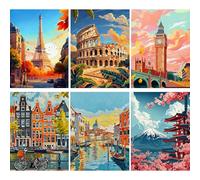 MISCER 6 Packs Diamond Art Kits for Adults, Diamond Painting Kits for Beginners, City Travel 5D Full Drill Round Paint with Diamonds Pictures, Gem Art Painting DIY Crafts Kit Decor 12x16inch
