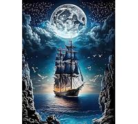 MISCER Sailing Ship Diamond Painting Kits for Adults, 5D Full Drill Round Gem Art Kit for Beginners, DIY Nautical Seascape Arts and Crafts for Home Wall Decoration, 30x40cm