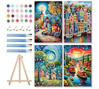 MISCER Set of 4 Framed Painting by Numbers Adults, Landscape Painting by Numbers Adults Beginners with Wooden Easel, DIY Starry Sky Oil Painting Canvas Kit for Home Decoration, 20 x 30 cm