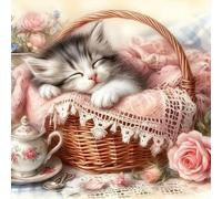 MISCER Sleeping Kitten Diamond Painting Kits for Adults, Cute Cat 5D Full Drill Round Gem Art Kit for Beginners, DIY Animal Arts and Crafts for Home Wall Decoration, 30x30cm