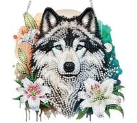 MISCER Wolf Hanging Diamond Art Painting Kits for Adults Double Sided, DIY 5D Diamond Painting PendantP, Flowers Crystal Diamond Gem Art Painting for Window Garden Home Wall Decor