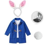 Mischievous Rabbit Set for Kids - 4 Piece Literary Character Outfit - Includes Blue Coat with Toggles, Plush Bunny Ears Headband, Fluffy Tail, and Face Paint Palette - Book Day Fancy Dress Costume
