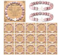 Misdary 16 Pcs Cross Beaded Bracelet Bulk with Bible Card Christian Bracelets for Women Faith Religious Gifts Natural Stone, 7 Inch, kraft, natural stones, no gemstone