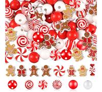 Misdary 200 Pcs Christmas Beads for Crafts Wooden Christmas Beads Red and White Peppermint Candy Gingerbread for Jewelry Making Holiday DIY Garland Party Tree Hanging Home