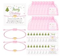 Misdary 24 Set Pink Christmas Birthday Party Favors Pink Heart Woven Braid Bracelets with Merry Christmas Card and Organza Bag Adjustable String Rope Braided Bracelets for Holiday Party Favor Gift