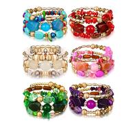 Misdary 6 Pcs Boho Multilayer Irregular Agate Beads Charm Bracelets Vintage Yoga Turquoise Bangles Boho Jewelry for Women, about 1.97 inches/ 5 cm in diameter, alloy