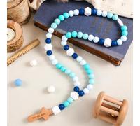 Misdary Baby Rosary Baptism Gift Silicone God Bless Kids First Rosary with Cross 1st Year Baptism Party Supply for Baby Shower Christian Communion Gifts (Lake Blue,Square)