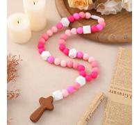 Misdary Baby Rosary Baptism Gift Silicone Rosary God Bless Kids First Rosary with Cross 1st Year Baptism Party Supply for Baby Shower Christian Communion Gifts(Pink)