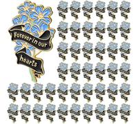 Misdary Funeral Memorial Pins Bulk Blue Flower Brooches Forever in Our Hearts Lapel Pin Funeral Favors for Mourning Remembrance Day, 1.38 x 1.1 inches, metal, droplets, no gemstone