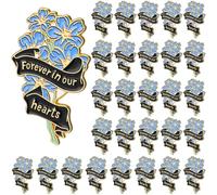 Misdary Funeral Memorial Pins Bulk Blue Flower Brooches Forever in Our Hearts Lapel Pin Funeral Favors for Mourning Remembrance Day, blue, 1.38 x 1.1 inches