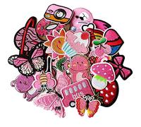 MISDONR 30pcs Pink Embroidered Iron on Patches Assorted Size DIY Patches Applique for Girls Clothing Jackets Jeans Pants Backpacks