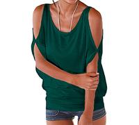 Miselon Women Cold Shoulder O-Neck Short Sleeve Loose Fit Summer Shirt Blouse Tops, Dark Green, M