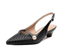 MISEZOXI Womens Heeled Slingback Pumps, Pointed Toe Low Thick Kitten Heel Slingback Shoes for Women, Embossed Woven Shoes with Pearl Decoration 1.2", Black Patent, 6 UK