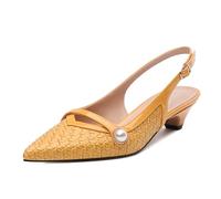 MISEZOXI Womens Heeled Slingback Pumps, Pointed Toe Low Thick Kitten Heel Slingback Shoes for Women, Embossed Woven Shoes with Pearl Decoration 1.2", Yellow Patent, 4.5 UK