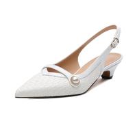 MISEZOXI Womens Heeled Slingback Pumps, Pointed Toe Low Thick Kitten Heel Slingback Shoes for Women, Embossed Woven Shoes with Pearl Decoration 1.2", White Patent, 3 UK