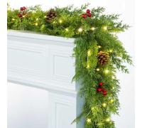 MISF 6FT Christmas Garland with 50 LED Lights, Realistic Pre-lit Cedar Garland with Timer & 8 Lighting Modes, Real Touch Pine Garlands With Pinecones and Red Berries for Indoor Outdoor Christmas Decor