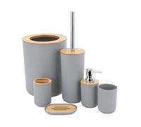 MisFox 6 Pieces Bamboo Bathroom Accessory Set, Stylish Eco-friendly Bath Accessories Include Soap Dispenser, Trash Bin (4L), Toothbrush Holder, Tooth Mug, Toilet Brush & Soap Dish (Grey)