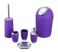 MisFox 6 Pieces Bathroom Accessory Set, Modern Stylish Design Solid Color Toilet Accessories Set Include Lotion Dispenser, Trash Can, Toothbrush Holder, Tooth Mug, Toilet Brush & Soap Dish - Purple