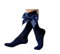 MISHOO® 1 Girls Knee High Socks with Bow, School Uniform Style Socks, Fluffy Ribbons Bow, Comfort Fit Long Cotton Rich Back to School Party Wear Socks Navy 4-6 KHB