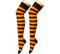 MISHOO® 2 Ladies' OTK Over The Knee Sock Plain Stripe Thigh High Long Warm Stocking Striped Socks, Leg Warmer Party Wear Fancy Stripe Socks Black & Orange