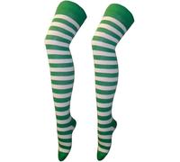 MISHOO® 2 Ladies' OTK Over The Knee Sock Plain Stripe Thigh High Long Warm Stocking Striped Socks, Leg Warmer Party Wear Fancy Stripe Socks Green & White