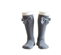 MISHOO® 3 Girls Knee High Socks with Bow, School Uniform Style, Fluffy Ribbons Bow, Comfort Fit Long Cotton Back to School Party Wear Socks Grey 6-8 KHB