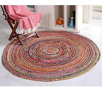 Mishran Eco Friendly Medium Round Braided Rug Flat Weave with Natural Jute and Multi Colour Recycled Material 120 cm Diameter