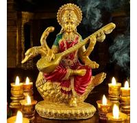 Mishtukocrafts Saraswati Maa Idol Hindu Goddess of Knowledge and Music Sitting On Swan Statue/murti/Idol for Home Decor/Gifts/Well-Wishing (Gold)