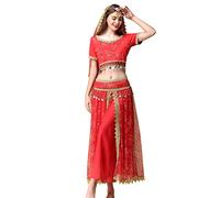 MISI CHAO Belly Dance Costume Bollywood Chiffon Dress, Red, XL
