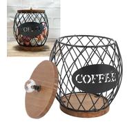 Miskall Coffee Pod Holder,Fruit Shaped,Black Wire Coffee Storage Basket,Wooden Base Lid,with Wooden Base Lid Home Decor (Black)