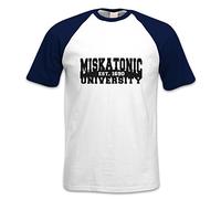 Miskatonic University Short-sleeved Baseball T-shirt - White-DeepNavy Chest)