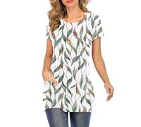 Miskely Womens Short/Long Sleeve Round Neck Casual Slim Tunic Tops With Button Pockets Color Block T Shirt, Y a White Leaf, S