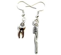 Mismatched 3D Antique Silver Toothbrush & Tooth Earrings on Hallmarked Sterling Silver Hooks in a Velvet Gift Bag. Dentist, Dental Hygienist Jewelry.