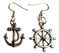 Mismatched Ship's Wheel & Anchor Earrings on Sterling Silver Hooks, Sailing Earrings, Sailor Jewelry, Royal Navy Graduation Earrings