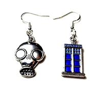 Mismatched Whovian Phone Box & Gas Mask Earrings on Sterling Silver Hooks Cosplay Science Fiction Police Phonebox Whovian Time Travel Fantasy Time Traveller, Time Lord Earrings