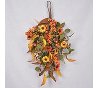 MISNODE 19.7 Fall Sunflowers Pumpkins Maple Leaves Berries Harvest Swag, Autumn Hanging Teardrop Garland for Front Door Thanksgiving Halloween Decor
