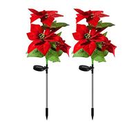 MISNODE 2 Pcs Christmas Decorations Outdoor Solar Lights, Artificial Red Poinsettia Decorations Solar Stake, Waterproof Solar Pathway Lights for Garden Yard