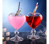 MISNODE 2 Pcs Cocktail Glass Martini Glasses, 240ml Creative Heart Shaped Cocktail Glasses with Straw, Crystal Glass for Home Juice Bar Party, Glossy