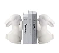 MISNODE 2 Pcs Rabbit Bookends, Bunny Book Ends for Shelves, Ceramic Animal Figurine Book Ends Stands Shelves, White Rabbit Home Decor