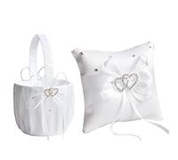 MISNODE 2 Pcs Wedding Ring Pillow Ring Bearer Pillow And Wedding Flower Girl Basket Set, White Satin Candy Gift Bag With Double Heart Rhinestone, White