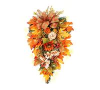 MISNODE 21.7in Artificial Fall Teardrop Wreath With Lights, Fall Harvest Swag With Maple Leaves And Berry, Thanksgiving Autumn Swag For Front Door Decor