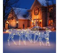 MISNODE 3 Pack Pre-Lit Christmas Glittering Reindeer, Tinsel Reindeer Family Set Light Up Deer with Gold Twinkle Light for Home Holiday Lawn Yard Garden