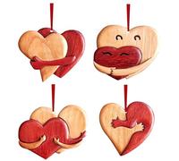 MISNODE 4 Pcs A Hug from My Heart for You Handmade Wood Carvings, Wooden Heart Shaped Accessories, Loving Hearts Hanging Pendant for Him Her Valentines Day