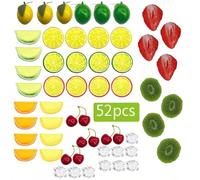 MISNODE 52Pcs Artificial Fruit Slices Set, Mixed Fake Plastic Lifelike Cherry Lemon Lime Slices and Wedge, Simulation Strawberries Watermelon Kiwi Slice