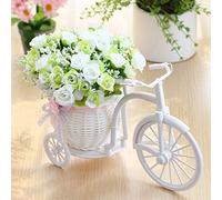 MISNODE Artificial Flowers with Bicycle, Garden Nostalgic Bicycle, Mini Tricycle Artificial Flower Decor Plant Stand for Party Home Office Hotel Decoration, White
